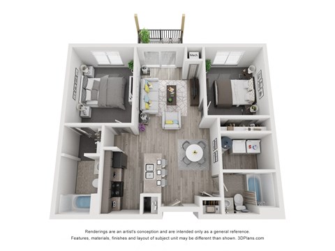 Floor plan for 2 beds, 2 baths, 907 sqft